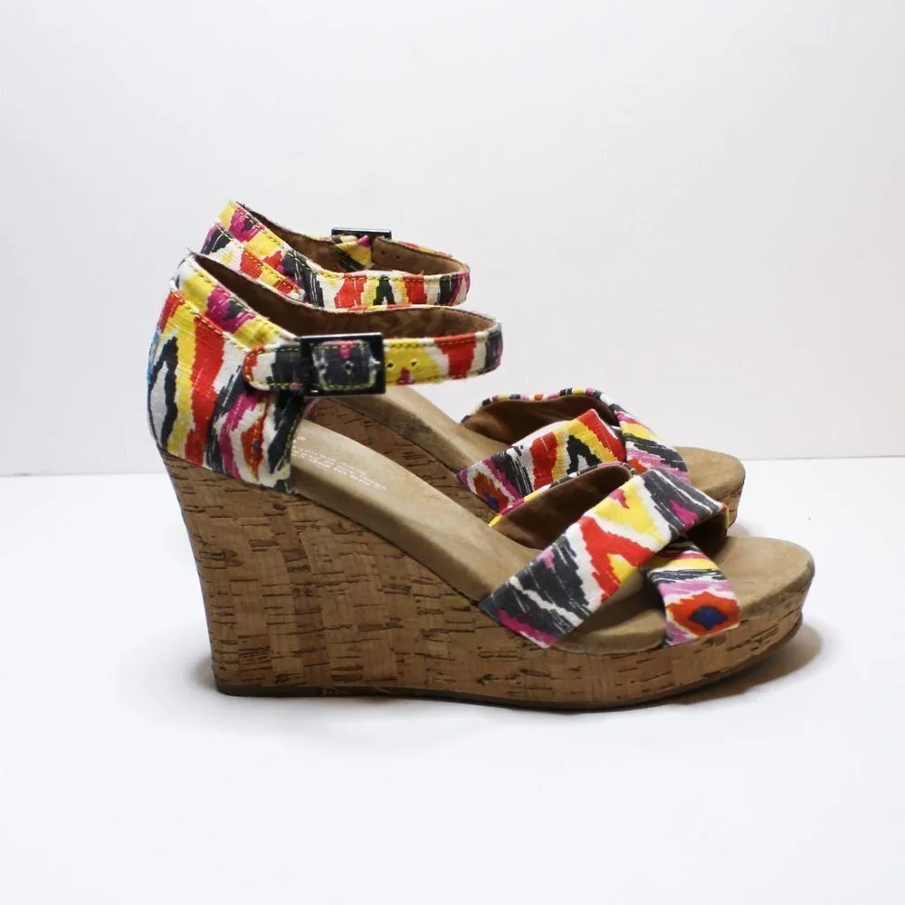 TOMS colorful Ikat‎ cork wedge sandal size 8.5